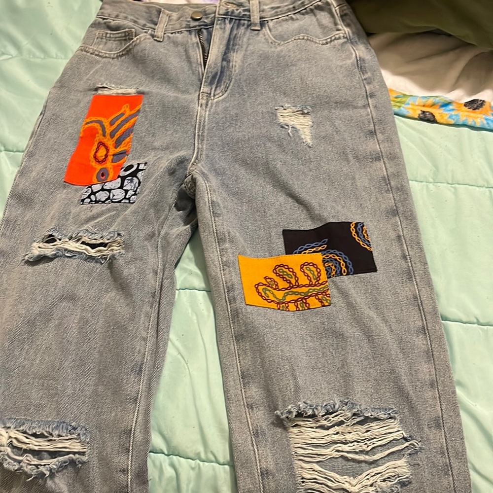 NEVER WORN high waisted patchwork straight leg jeans